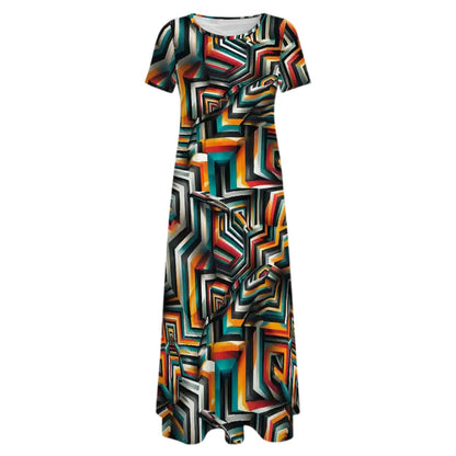 Psychedelic Design, Crew Neck Short Sleeve Maxi Dress