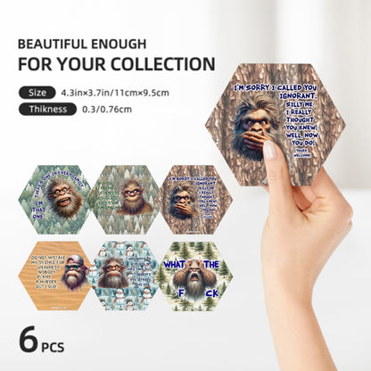 Hexagon Ceramic Coasters Set of 6 - Bigfoot, Sasquatch Coaster, Sarcastic Sasquatch Coasters, Coaster Set