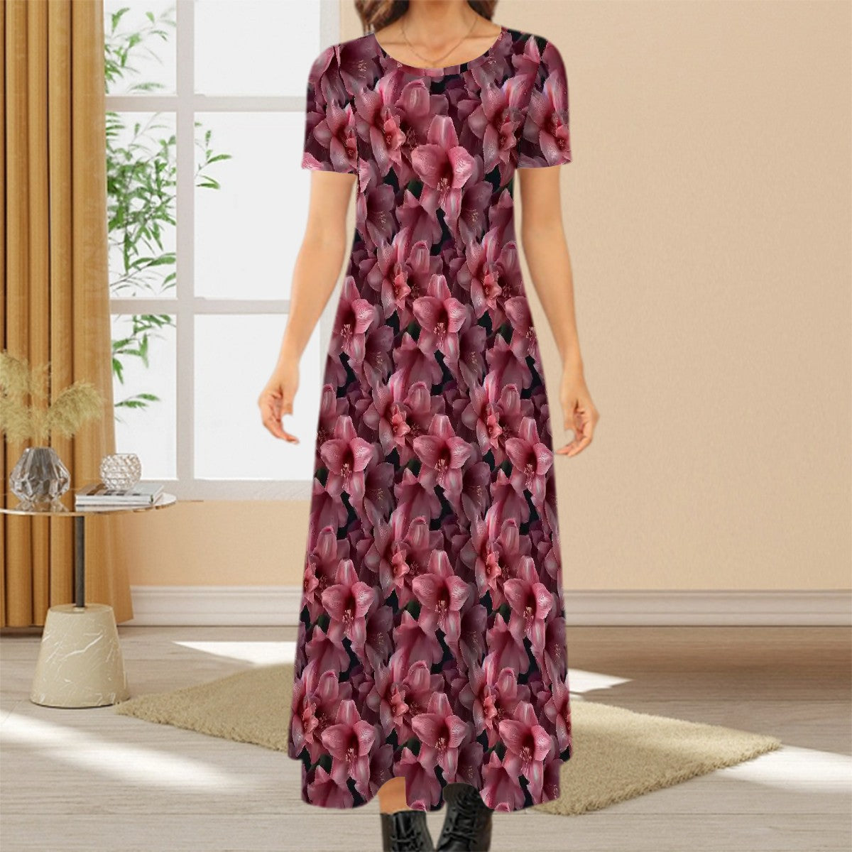 10 Flower Designs, Crew Neck Short Sleeve Maxi Dress