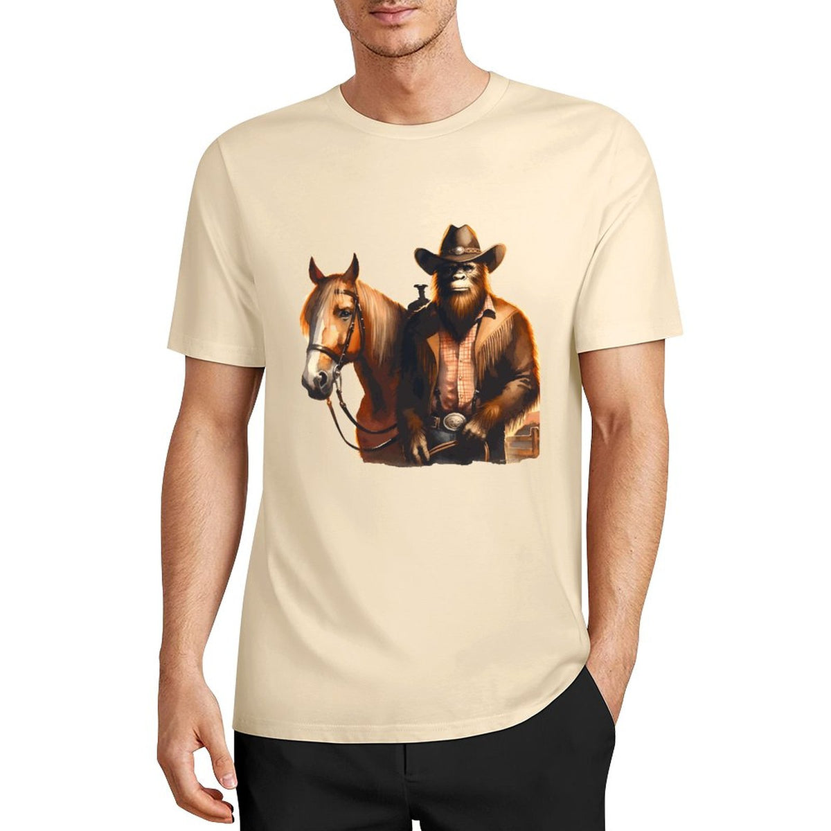 Bigfoot - Sasquatch Cowboy w Horse Short Sleeve Cotton T-Shirt
