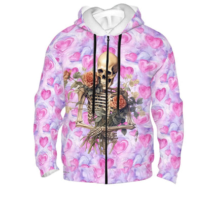 Skulls & Roses on Hearts, Adult Zip Up Hoodie