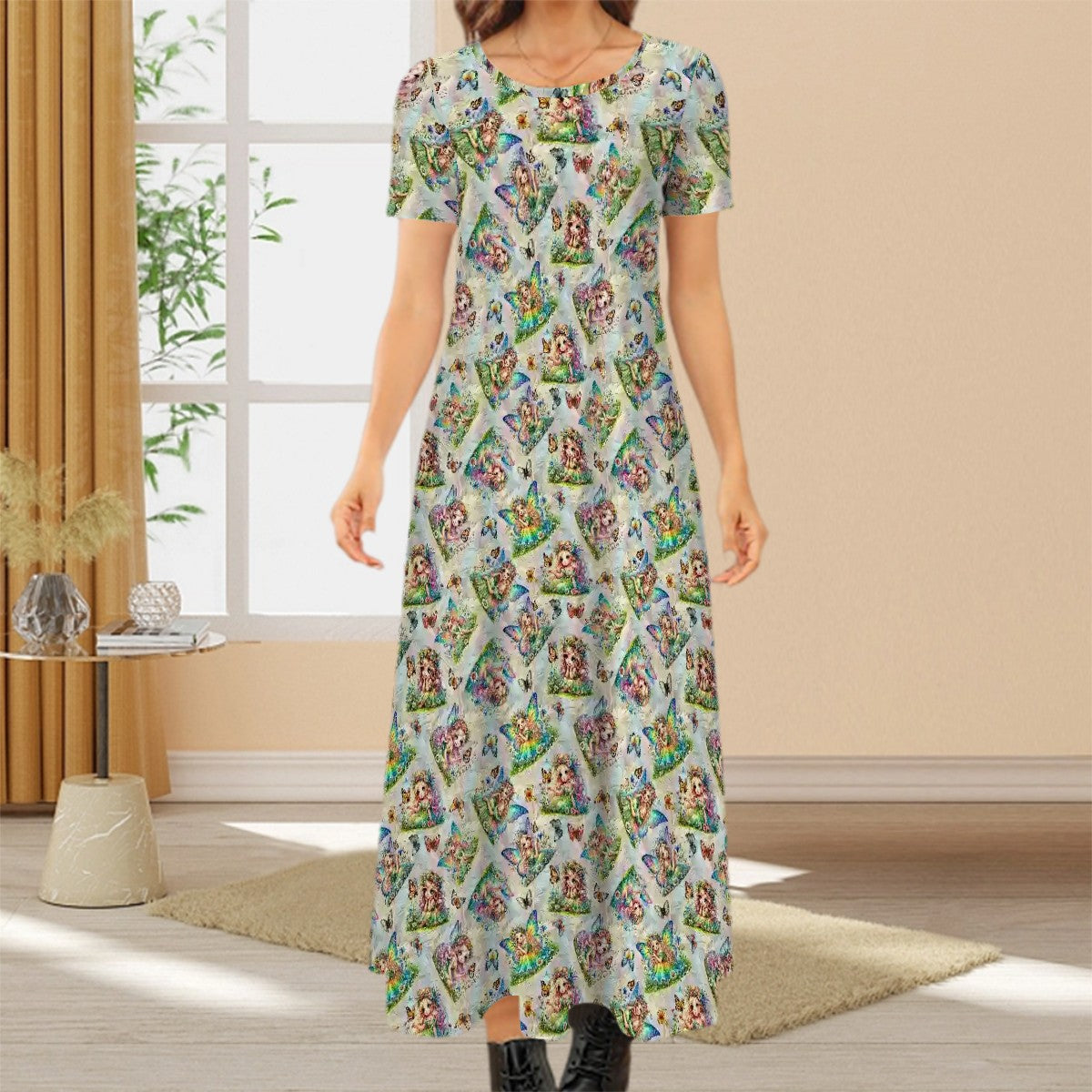 6 Fairy Designs Crew Neck Short Sleeve Maxi Dress