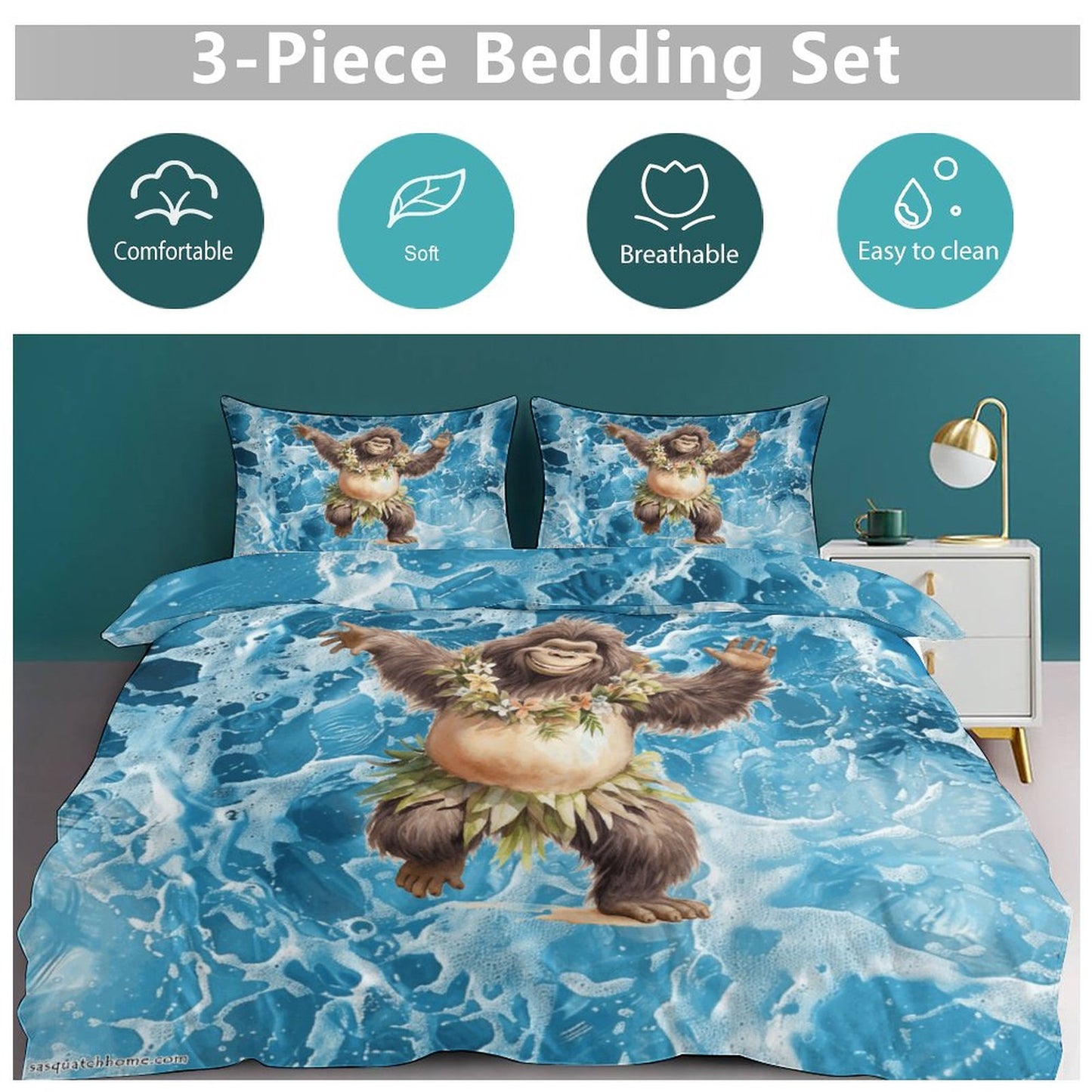 Sasquatch Hula On the Beach 3-Piece Bedding Set-102"x90"/ 259x229cm (Dual-sided Printing)