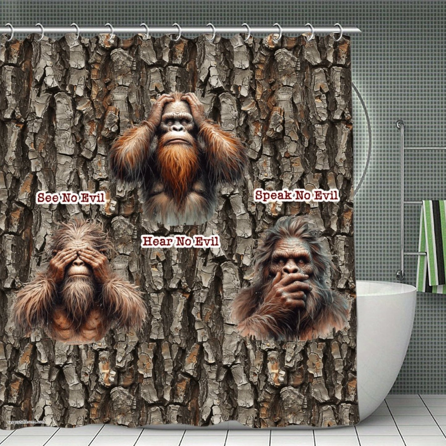 Bigfoot Sasquatch "See no evil..", Waterproof Polyester Shower Curtain – Made in the USA – 70.8x70.8”