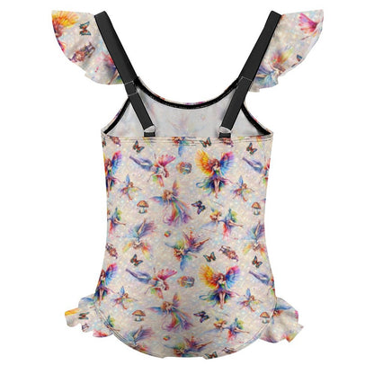 6 Fairy Designs, Girls One-Piece Summer Swimsuit, Ruffle Shoulder