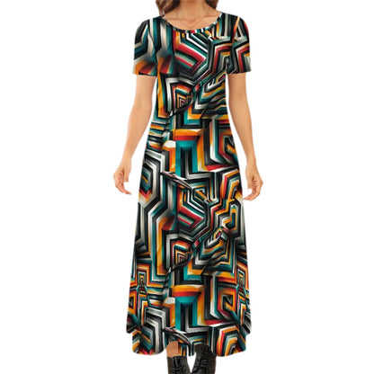Psychedelic Design, Crew Neck Short Sleeve Maxi Dress