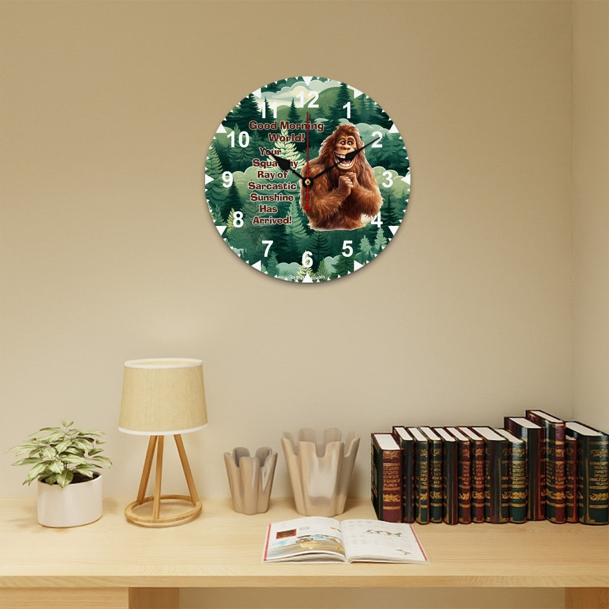 Bigfoot Sasquatch "Good morning..", Wooden Wall Clock- Made in USA