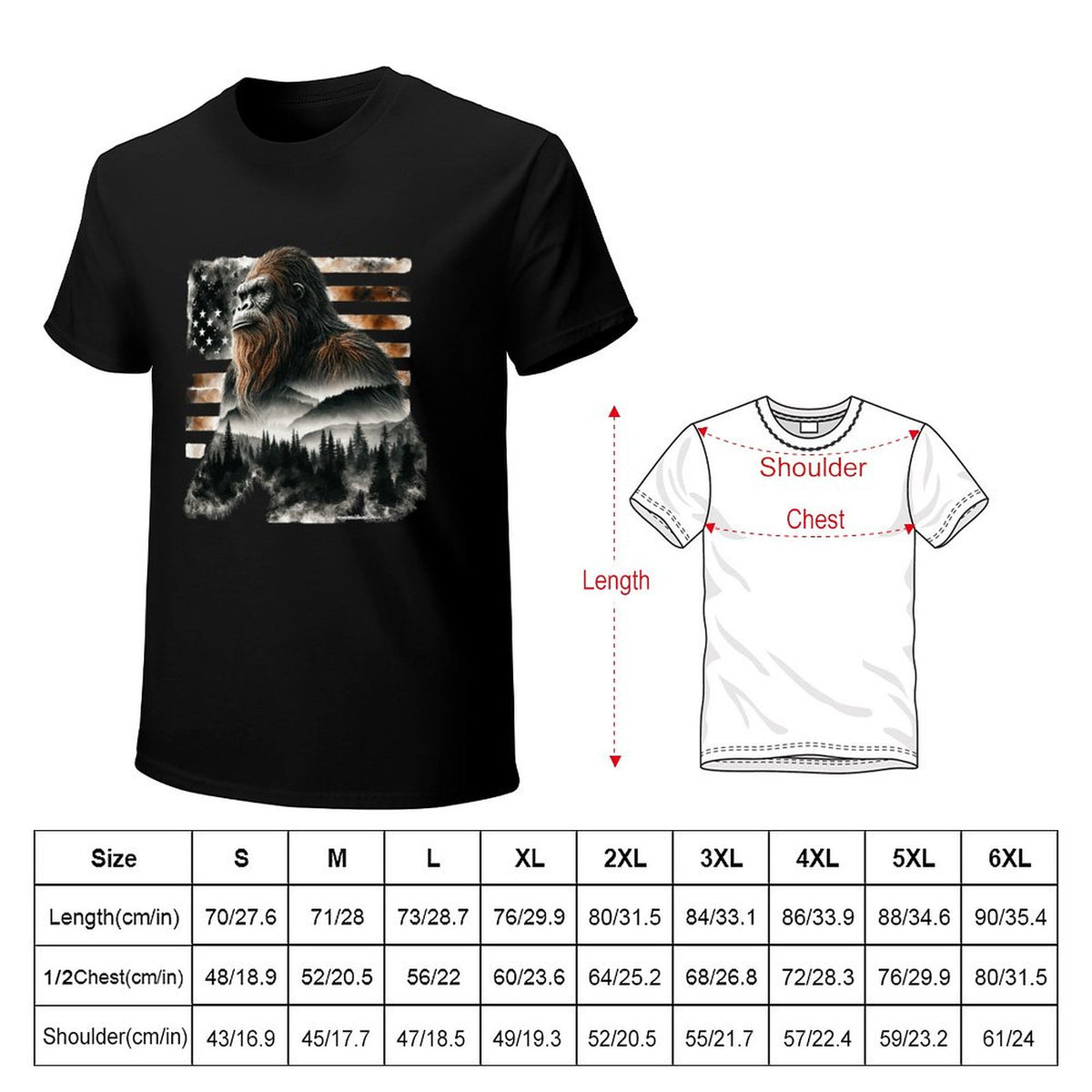Sasquatch, Bigfoot w flag, Short Sleeve cotton T-shirt