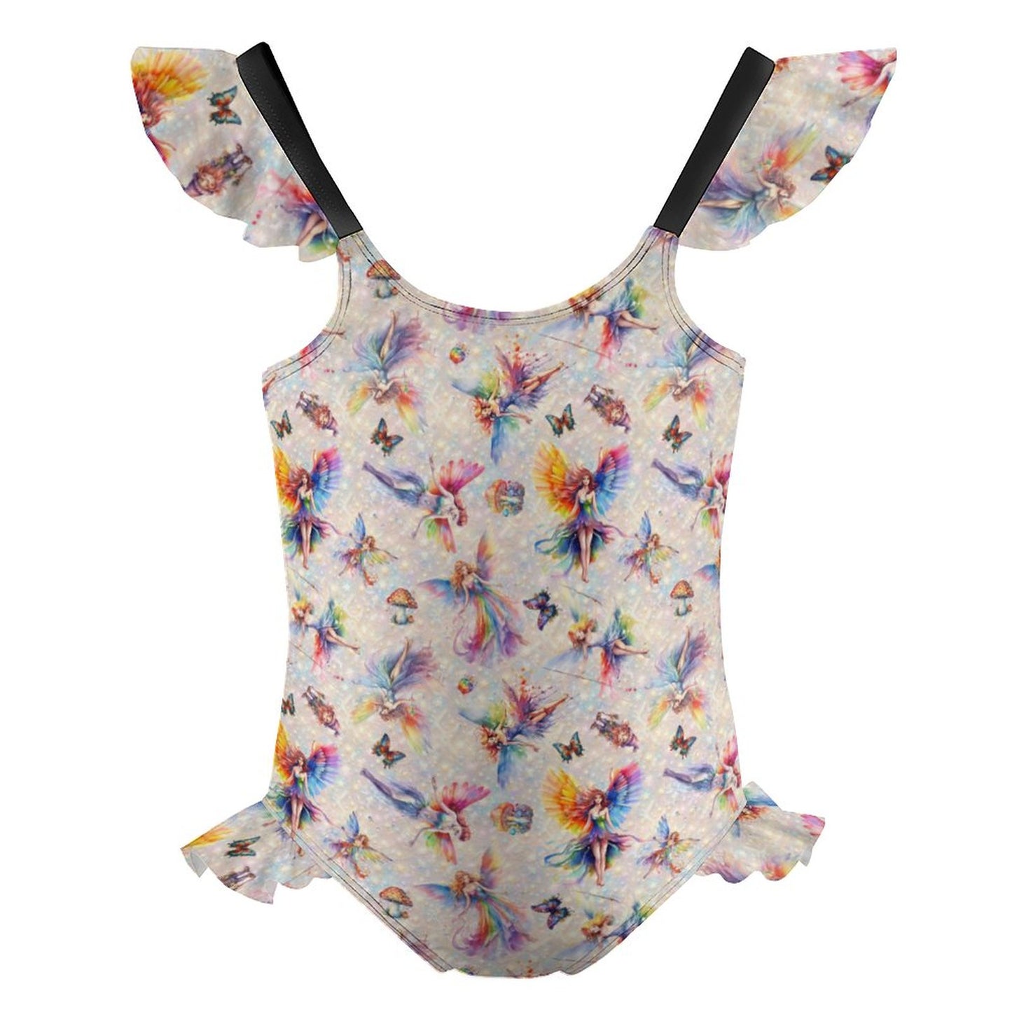 6 Fairy Designs, Girls One-Piece Summer Swimsuit, Ruffle Shoulder