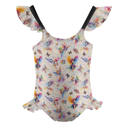 6 Fairy Designs, Girls One-Piece Summer Swimsuit, Ruffle Shoulder