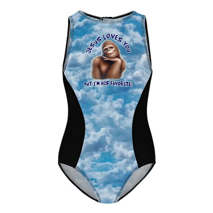 Girl’s One Piece Swimsuits, child swimwear - Bigfoot, Sasquatch, "Jesus loves you..."