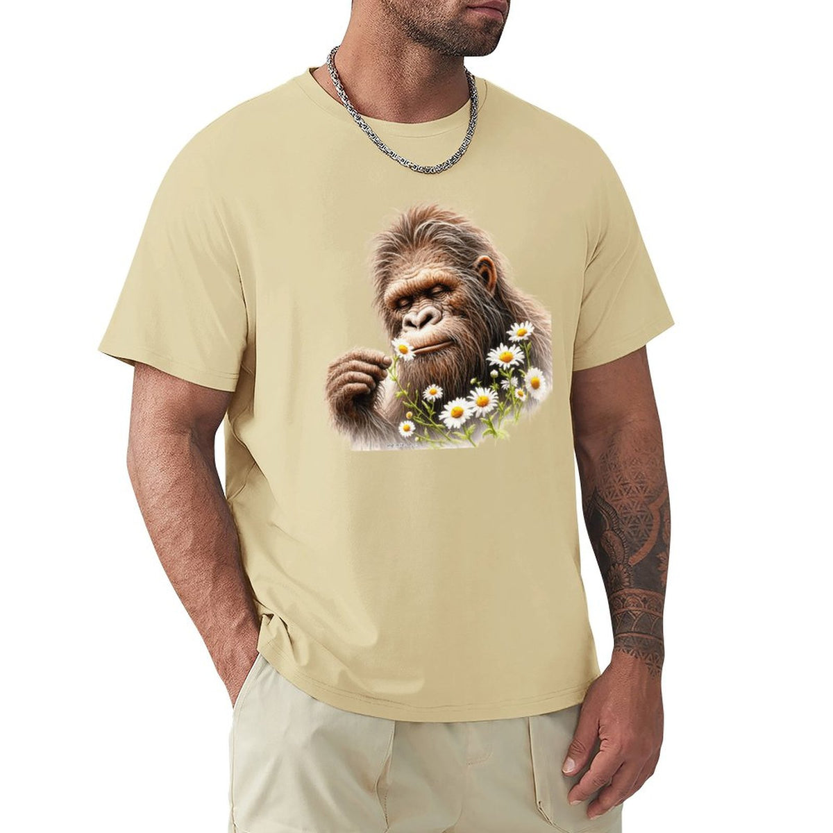 Bigfoot, Sasquatch, Daisies, Short Sleeve Cotton T-shirt