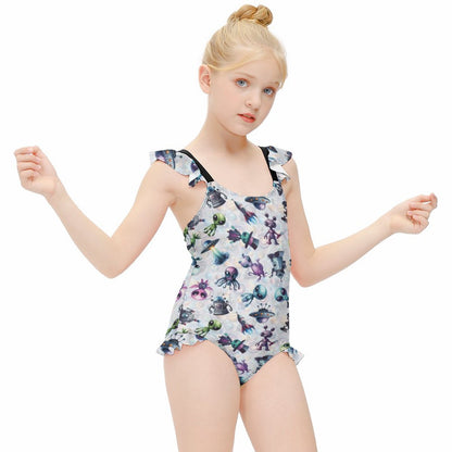 6 Alien Designs, Girls One-Piece Summer Swimsuit, Ruffle Shoulder