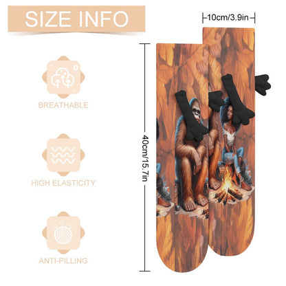 Camping Squatch and Friend Magnetic Holding Hands Funny Socks (All-Over Printing)