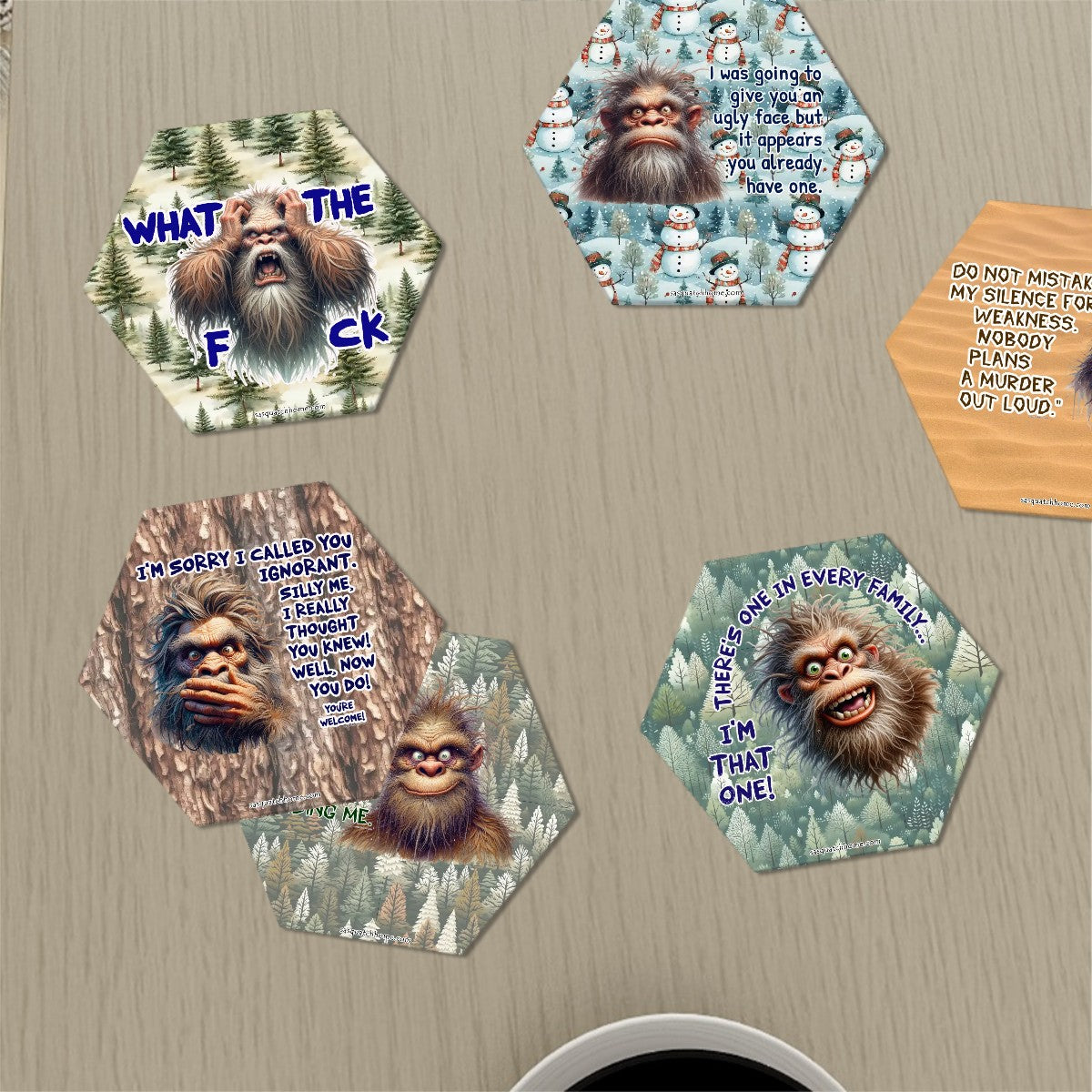 Hexagon Ceramic Coasters Set of 6 - Bigfoot, Sasquatch Coaster, Sarcastic Sasquatch Coasters, Coaster Set