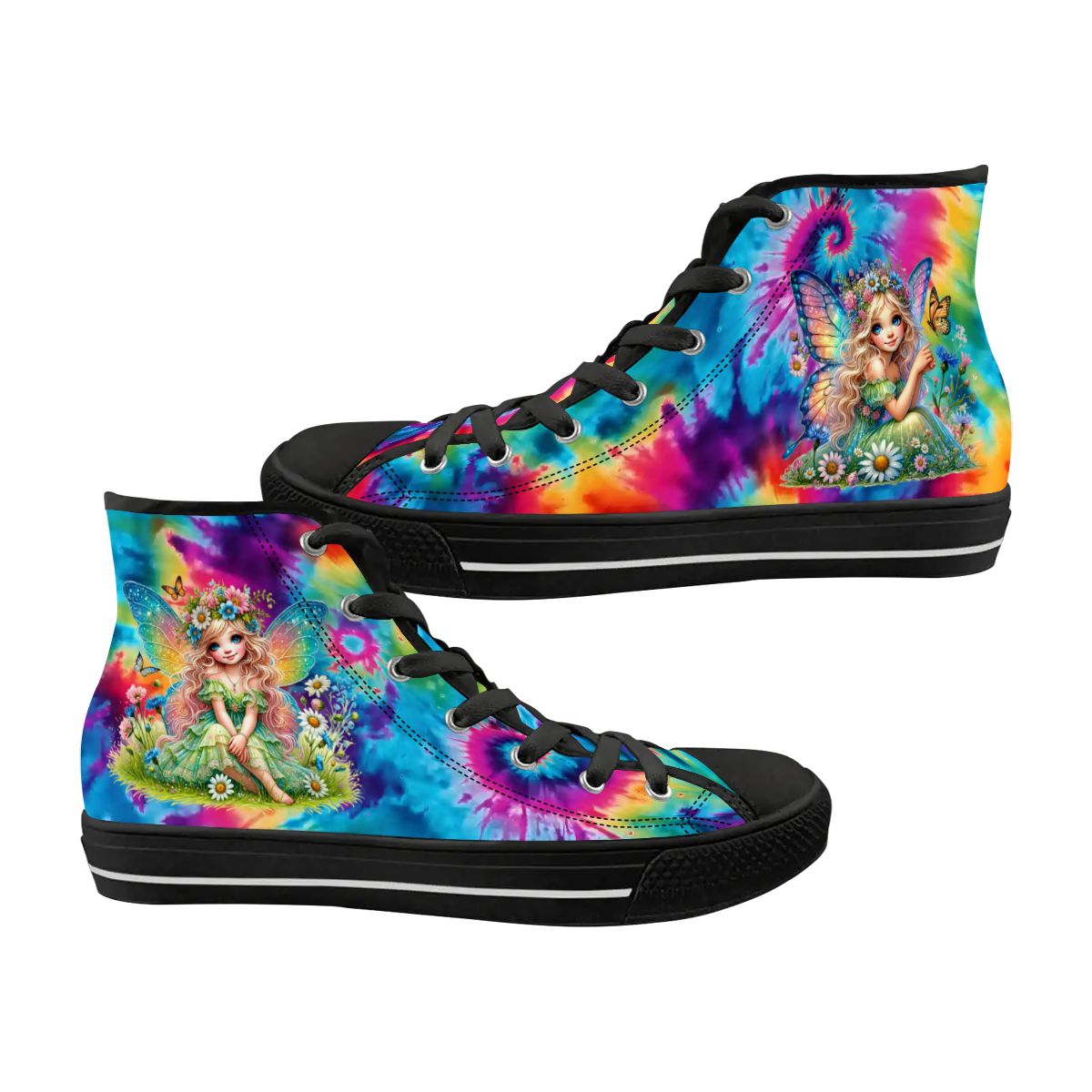 Fairies on Tie Dye, Women's High Top Canvas Shoes