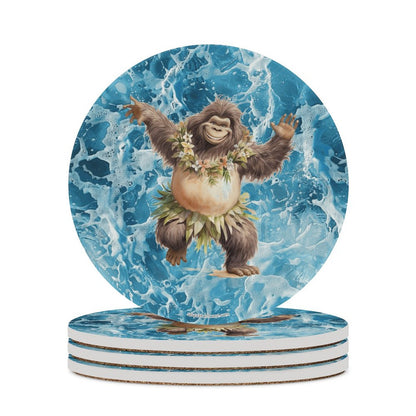 Sasquatch Hula On the Beach Round Ceramic Coaster