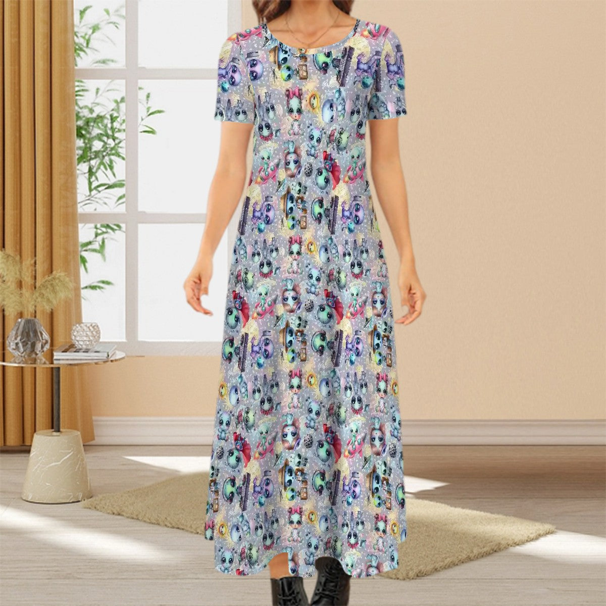 6 Alien Designs, Crew Neck Short Sleeve Maxi Dress