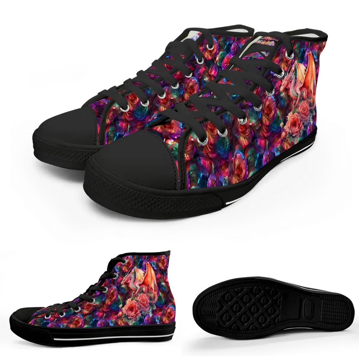 Floral Dragons, Women's High Top Canvas Shoes