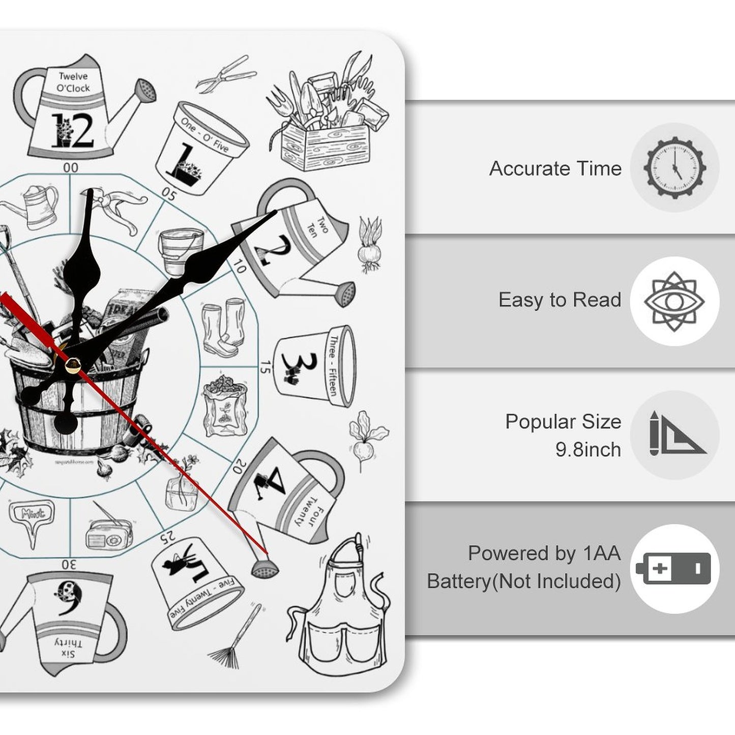 Gardening Square Wall Clock- Made in USA