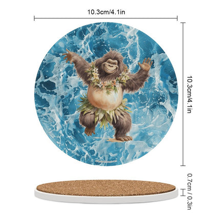 Sasquatch Hula On the Beach Round Ceramic Coaster