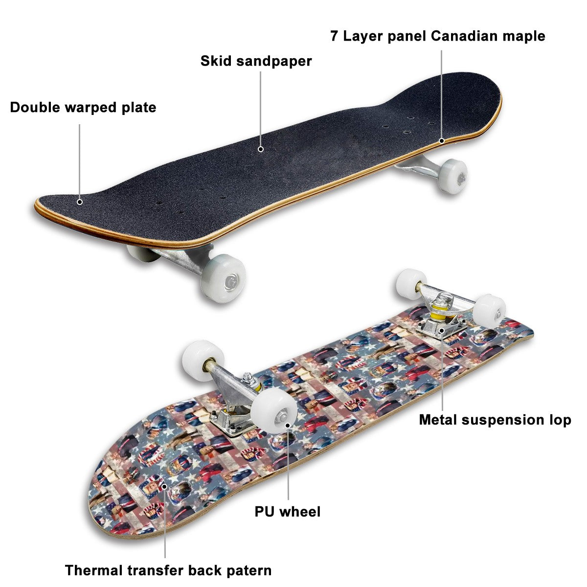 20 Donald Trump Designs, High Density 7 Layer Skateboard, Made In USA