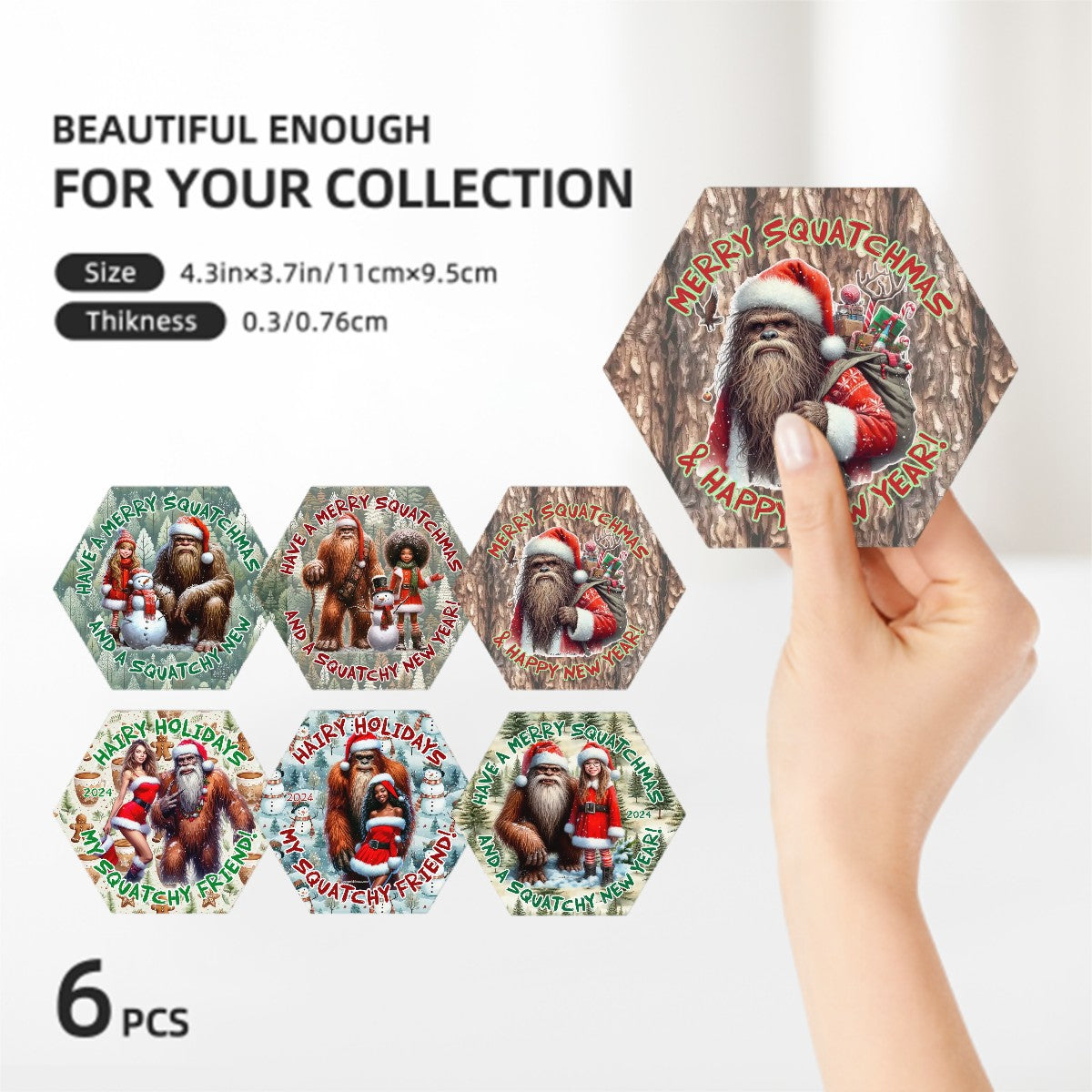 Sasquatch, Bigfoot Christmas Hexagon Ceramic Coasters Set of 6
