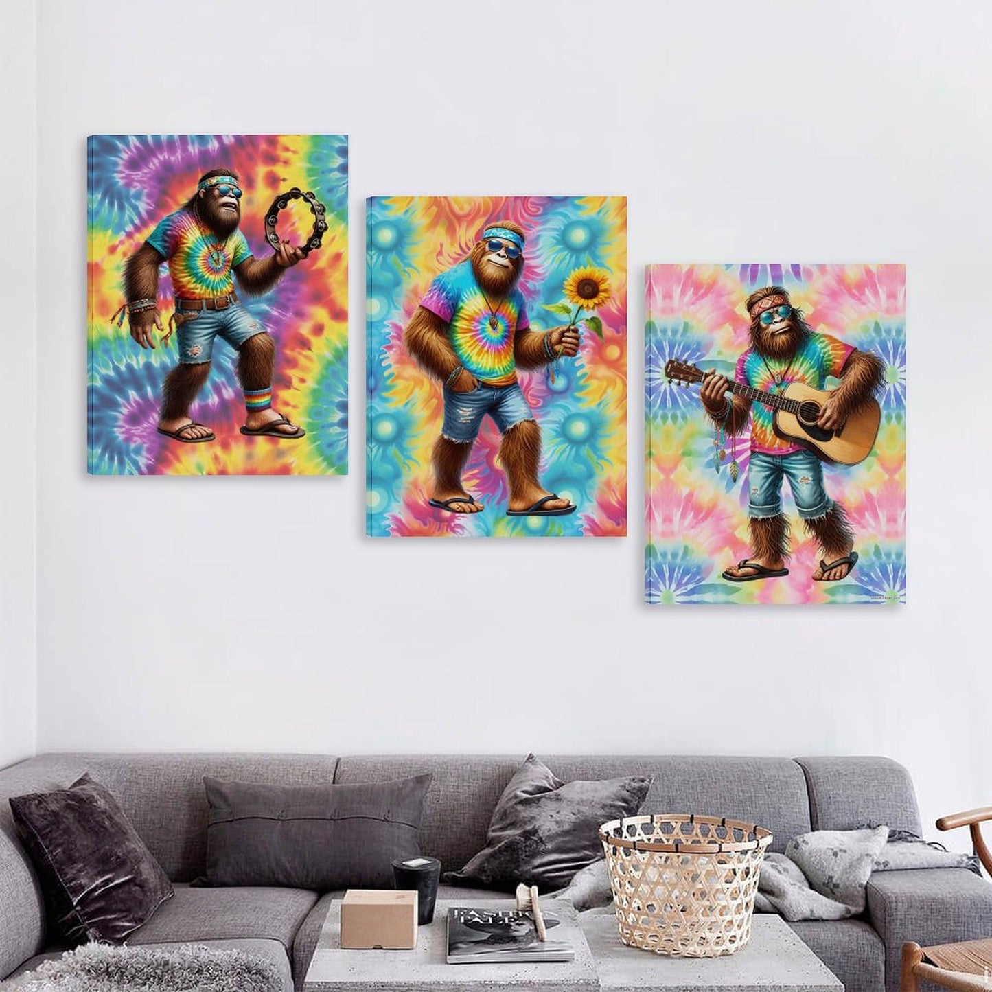 HIppie Bigfoot Sasquatch Canvas Wall Art - 12”x 16” or 18”x24” (x 3) - Made In USA