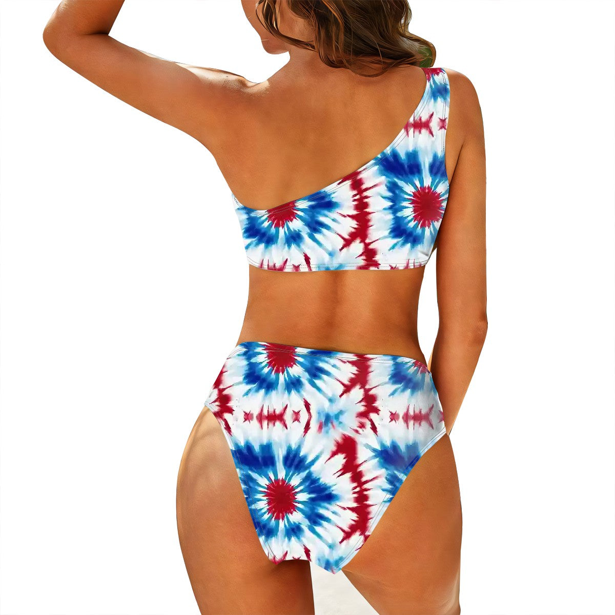 Tie Dye Themed One-Shoulder, High-Waisted Bikini