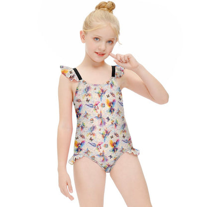 6 Fairy Designs, Girls One-Piece Summer Swimsuit, Ruffle Shoulder