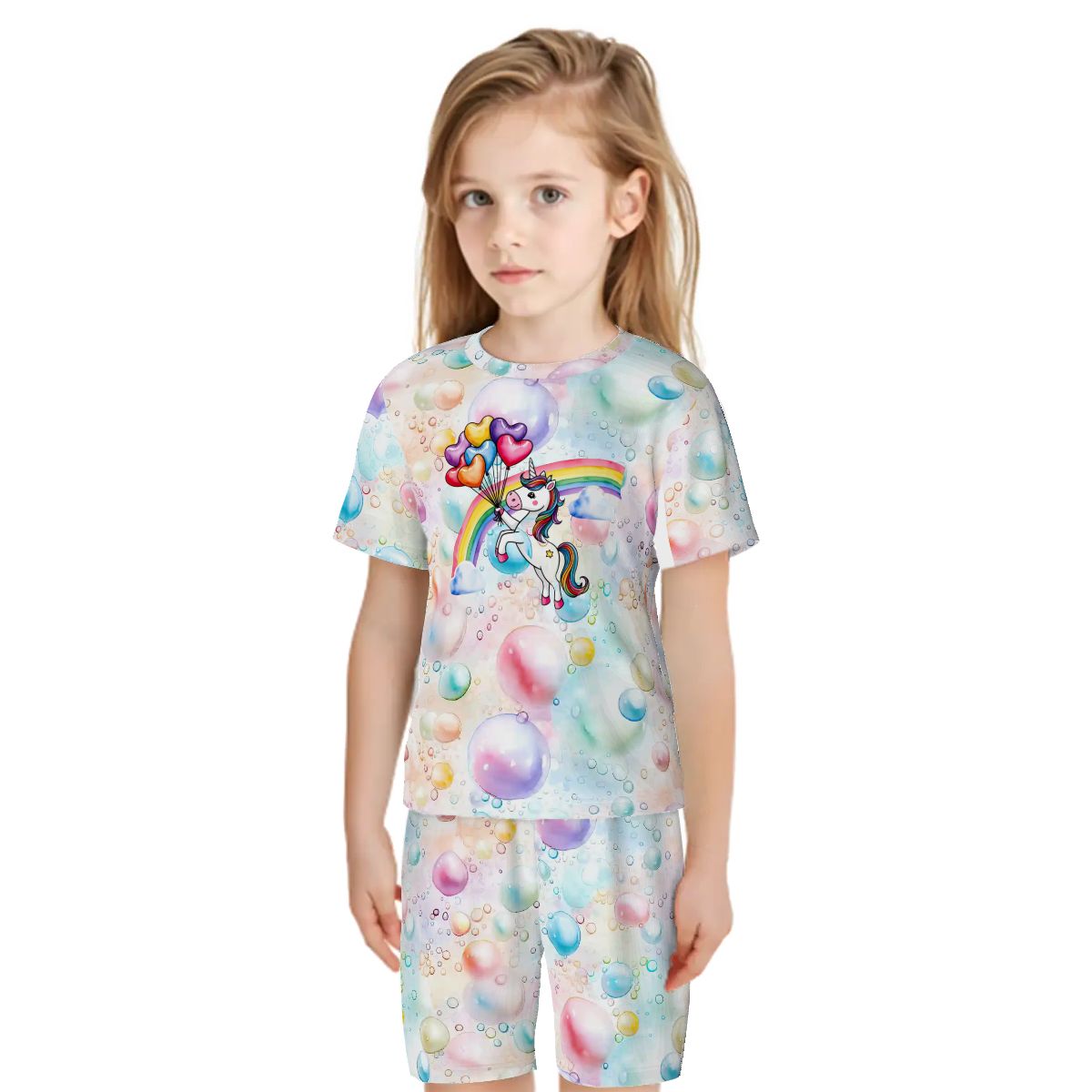 Children’s 2 Piece Short Pajama Set - Rainbow Unicorn Balloons