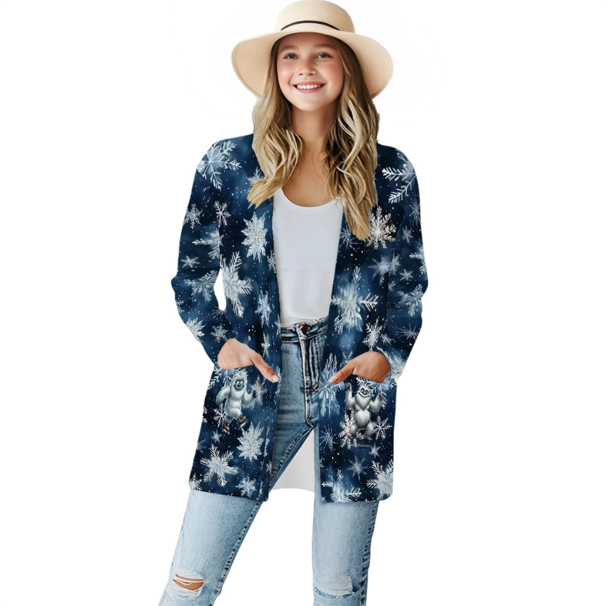 Blue back Snowflakes, Women's Long-Sleeved Cardigan
