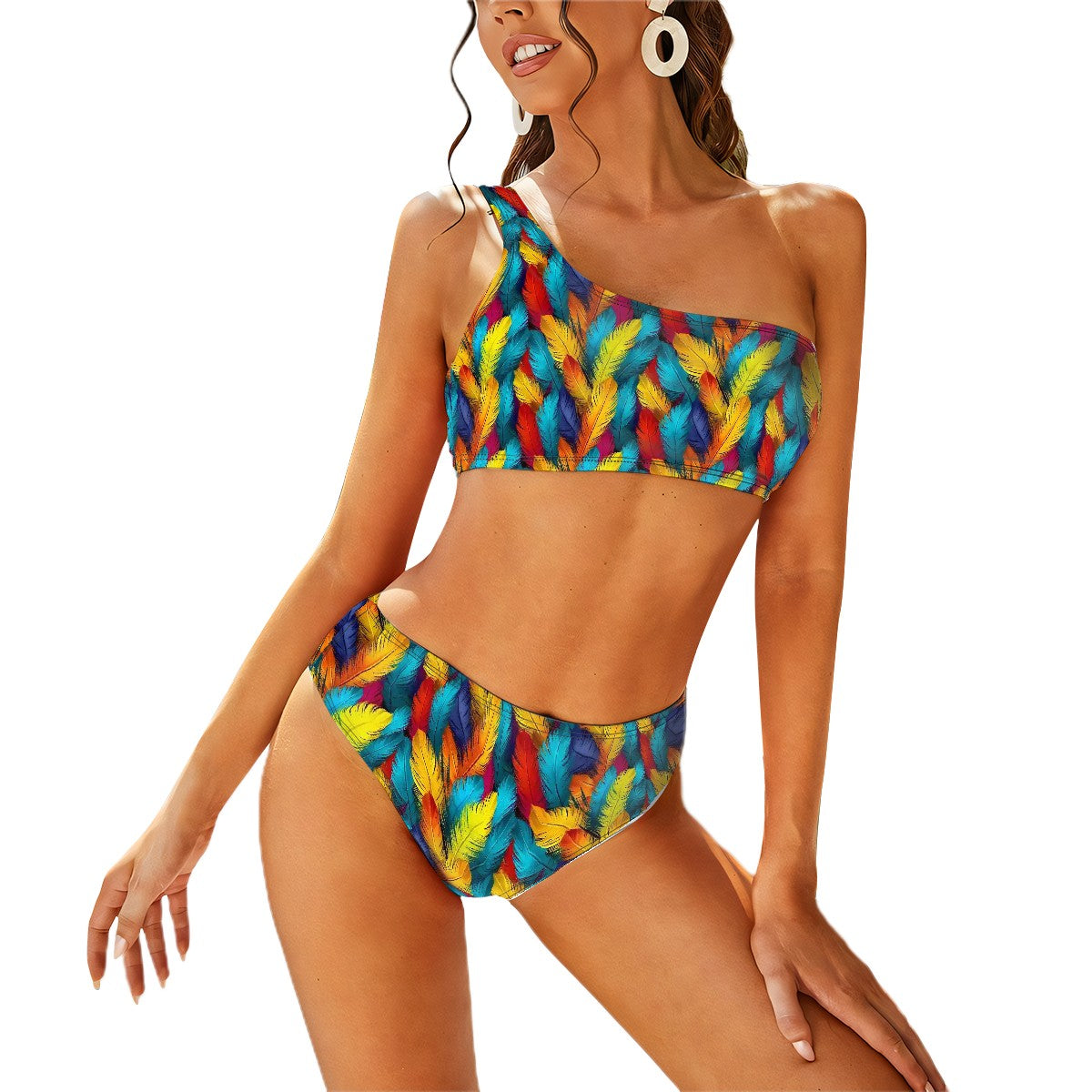 Rainbow Feathers, Women One Shoulder Bikini High Waist Swimsuit