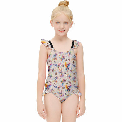 6 Fairy Designs, Girls One-Piece Summer Swimsuit, Ruffle Shoulder