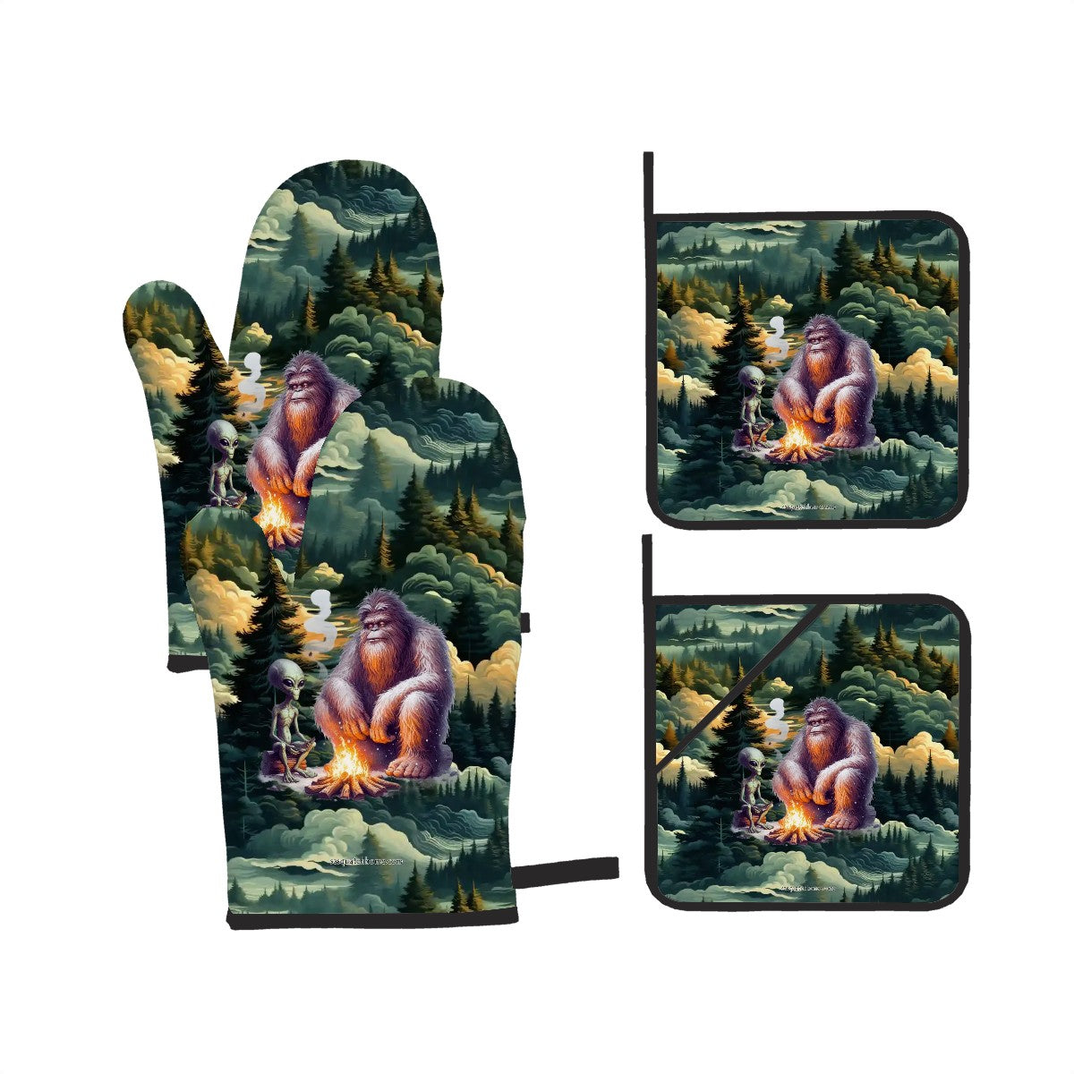 Bigfoot Sasquatch and Alien, Set of 4 Oven Mitts and Pot Holders