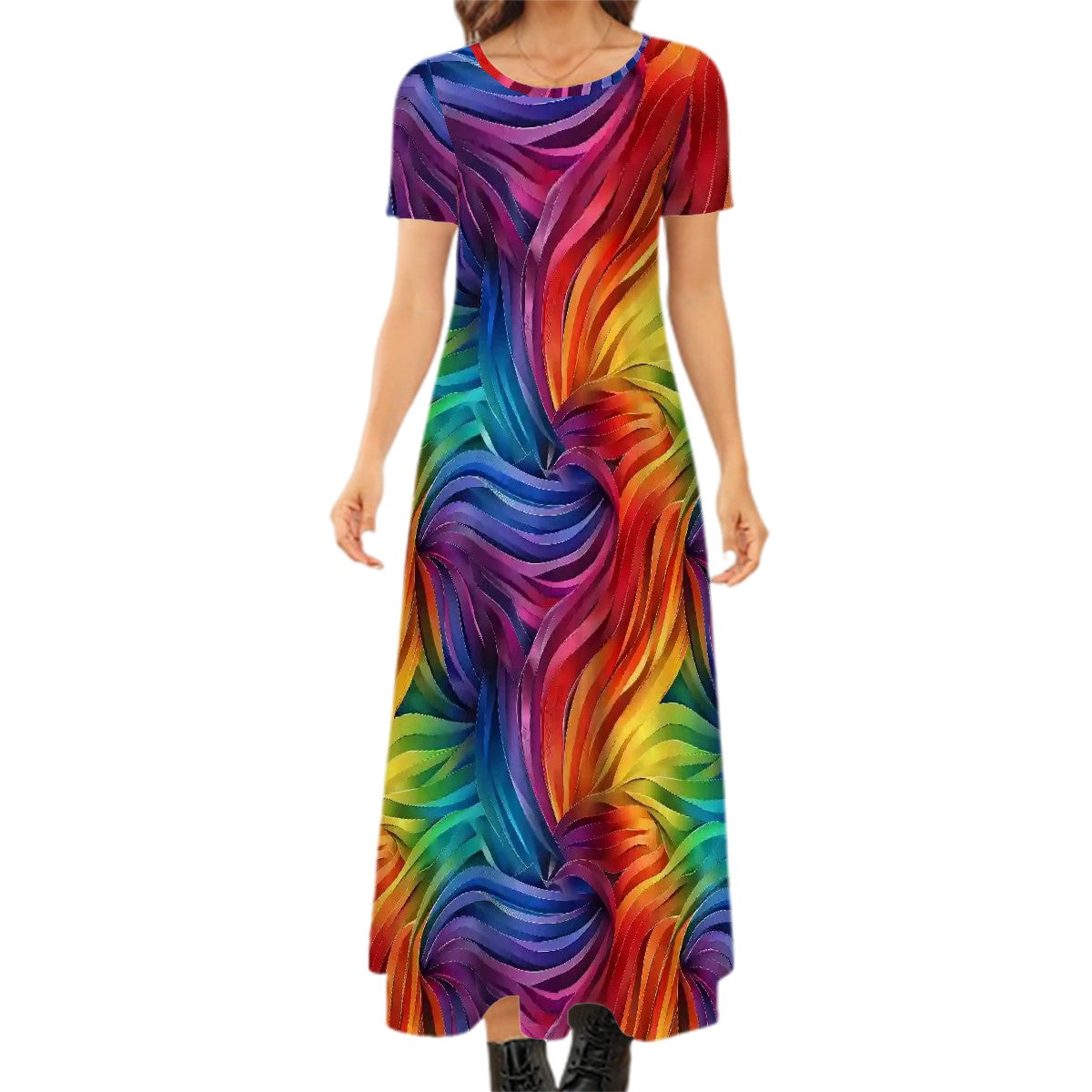 Rainbow Design Crew Neck Short Sleeve Maxi Dress