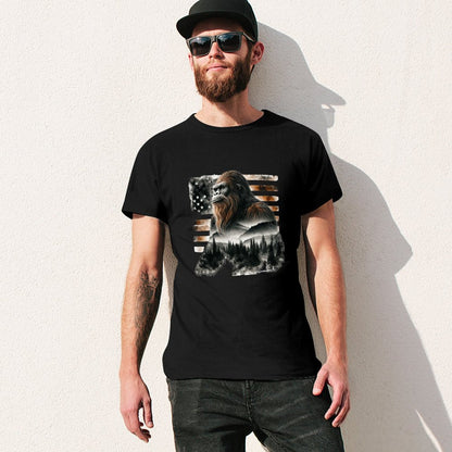 Sasquatch, Bigfoot w flag, Short Sleeve cotton T-shirt