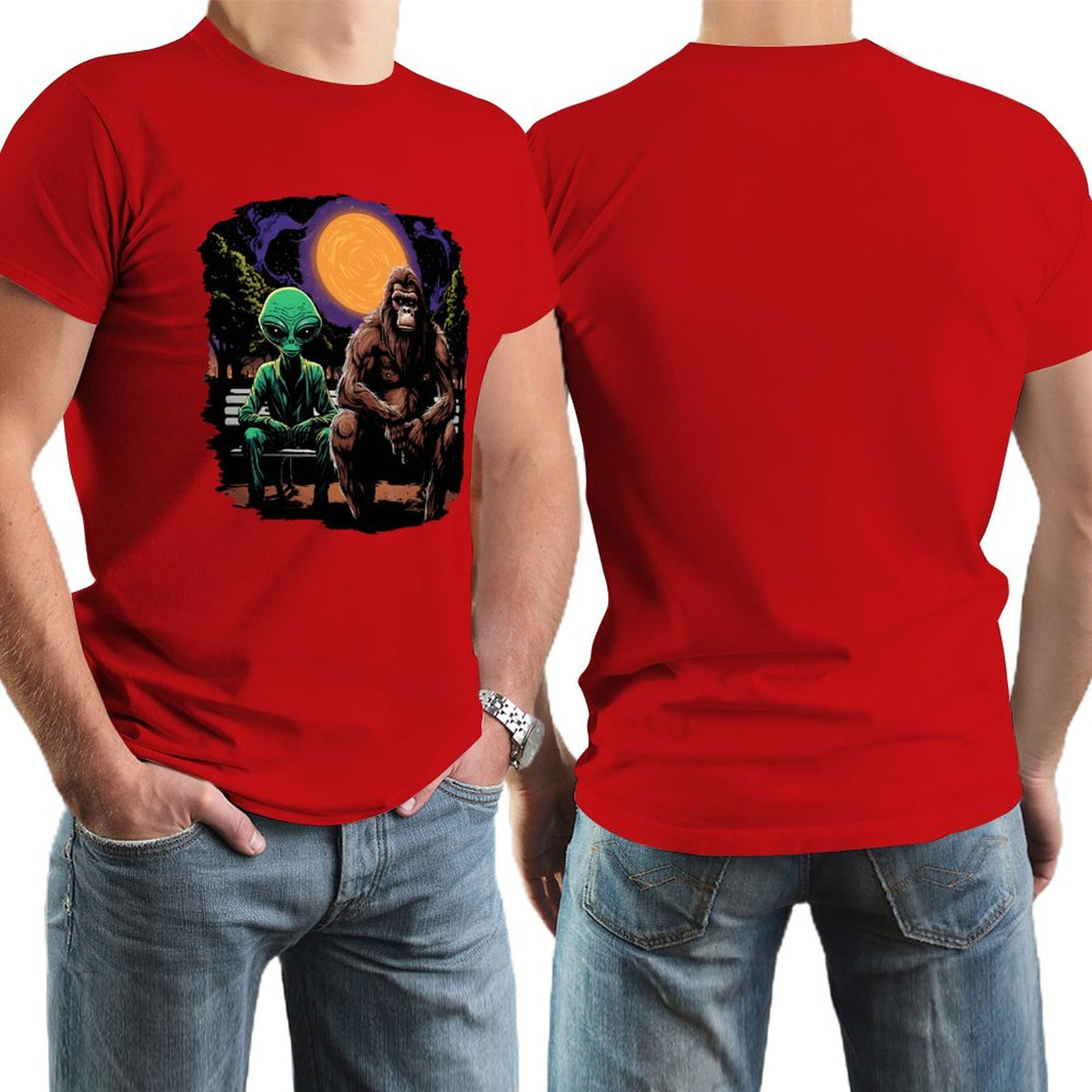 Bigfoot, Sasquatch with Alien, Short Sleeve Cotton T-shirt