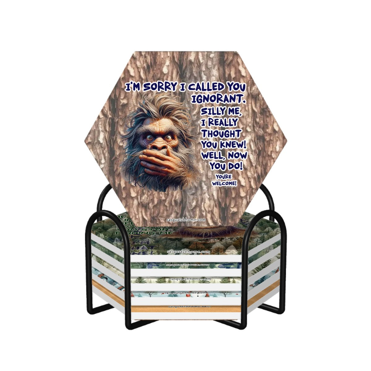 Hexagon Ceramic Coasters Set of 6 - Bigfoot, Sasquatch Coaster, Sarcastic Sasquatch Coasters, Coaster Set