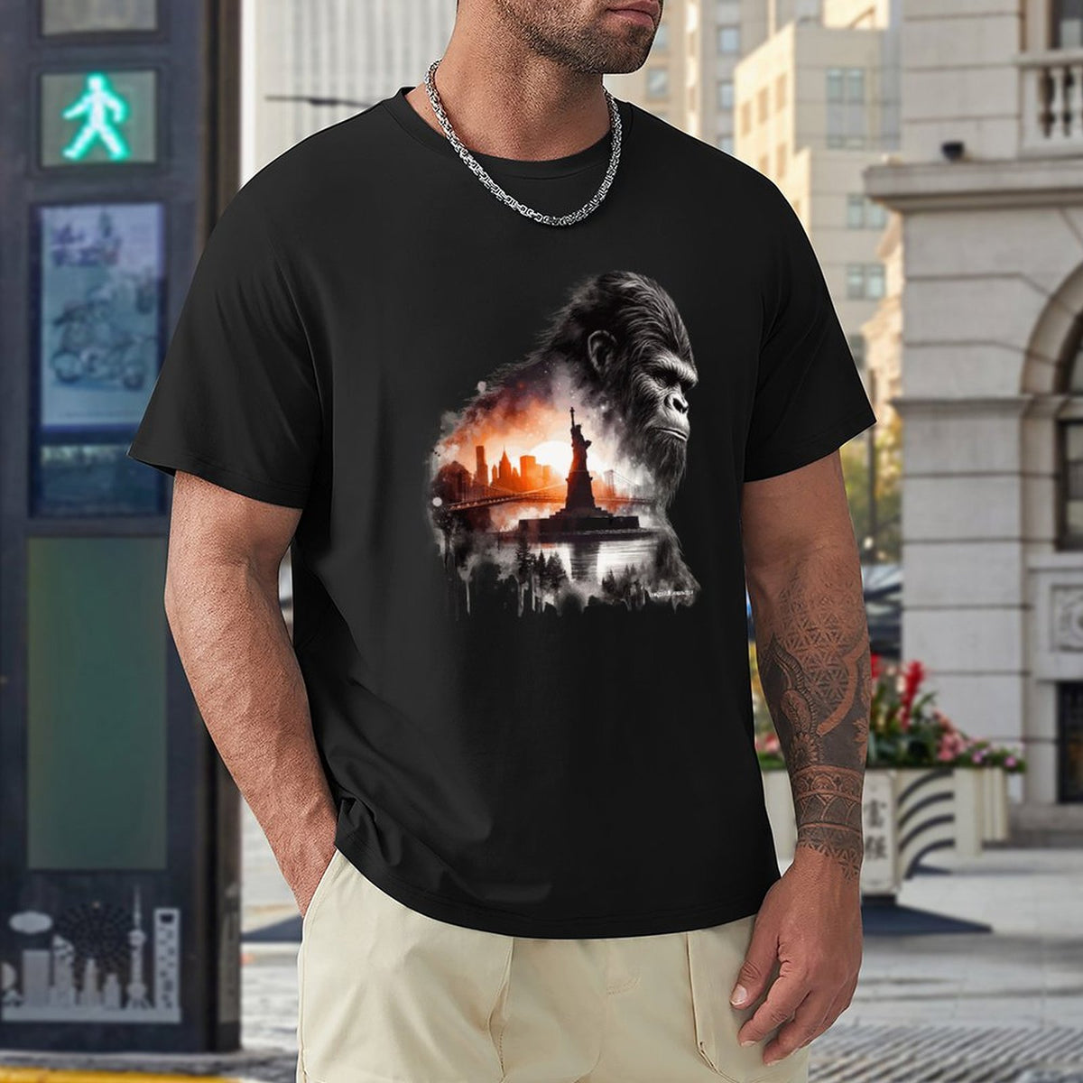 Bigfoot, Sasquatch, Statue of Liberty, Short Sleeve Cotton T-shirt