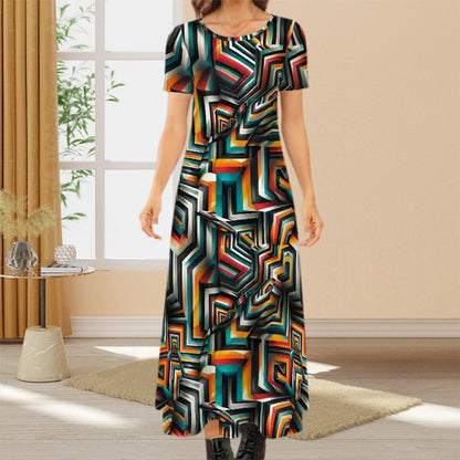 Psychedelic Design, Crew Neck Short Sleeve Maxi Dress