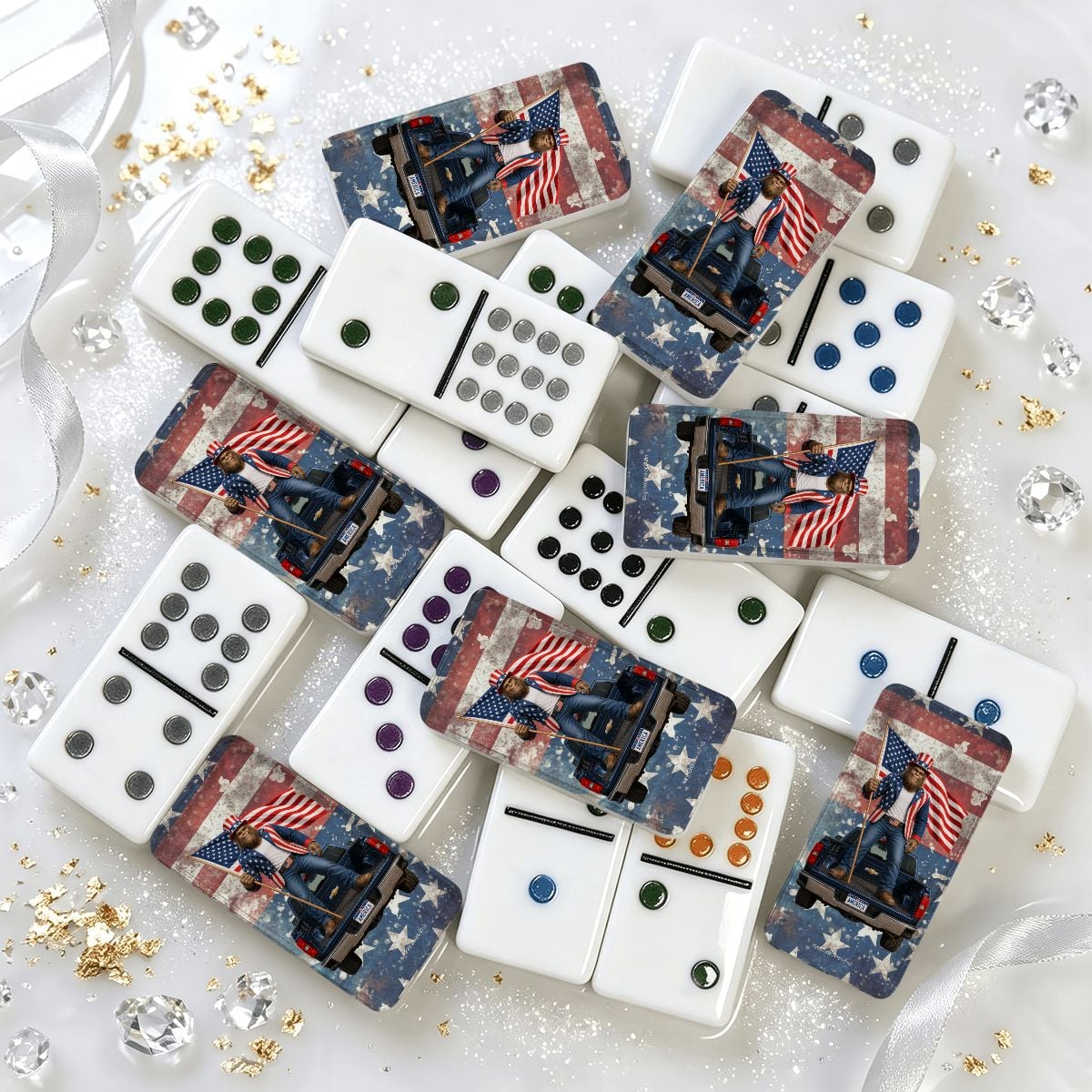 Sasquatch on Truck W Flag Double 12 Mexican Train Dominoes Set