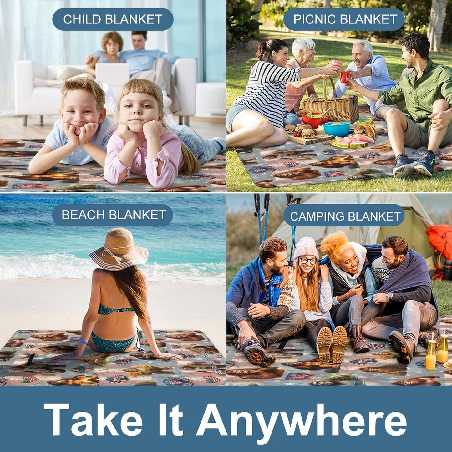 Foldable Zipper Picnic Mat- Blanket 58”x58” w/ Carry Straps