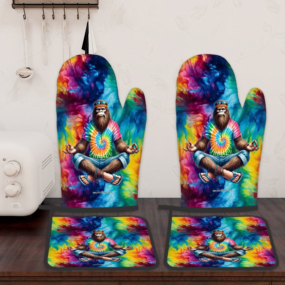 Zen Yoga Sasquatch, Bigfoot,  Set of 4 Oven Mitts & Pot Holders
