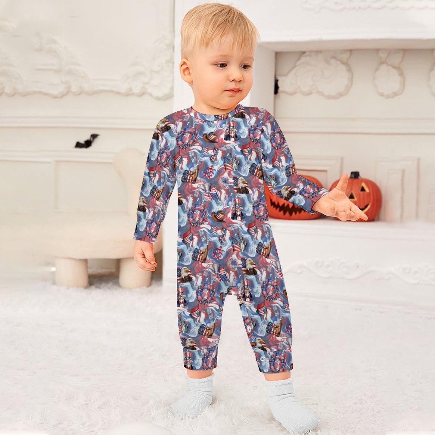 8 Patriot Designs, Long Sleeve Baby / Toddler Romper, Faux Cotton