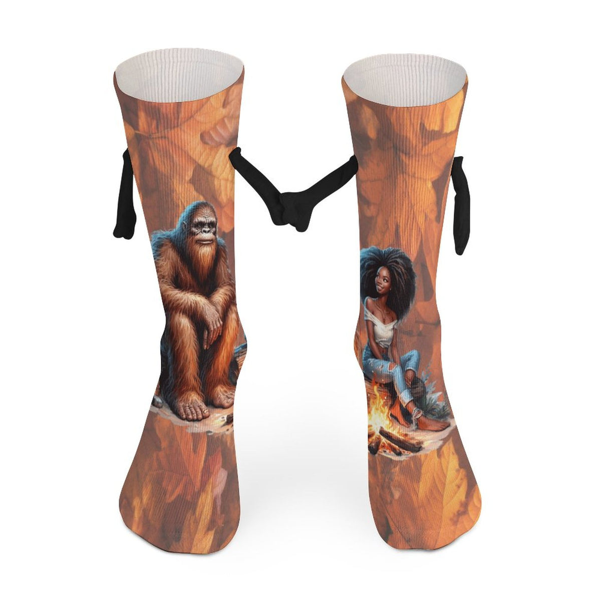 Camping Squatch and Friend Magnetic Holding Hands Funny Socks (All-Over Printing)