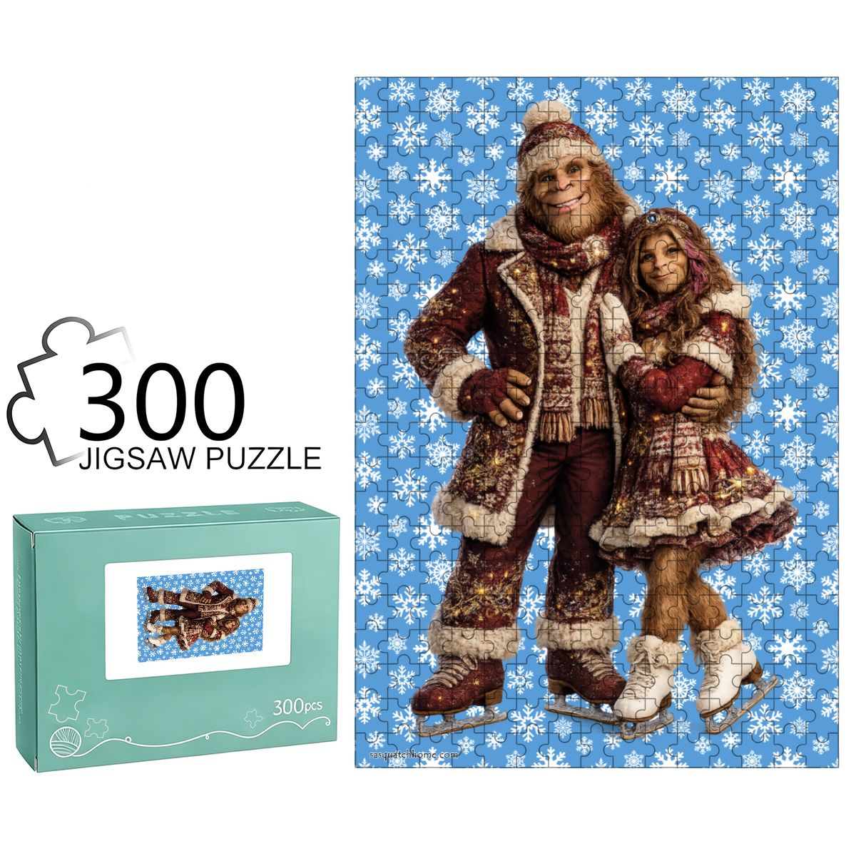 Sasquatch & Gal on Ice Skates 300pcs Wooden Vertical Jigsaw Puzzle
