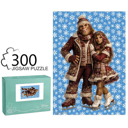 Sasquatch & Gal on Ice Skates 300pcs Wooden Vertical Jigsaw Puzzle