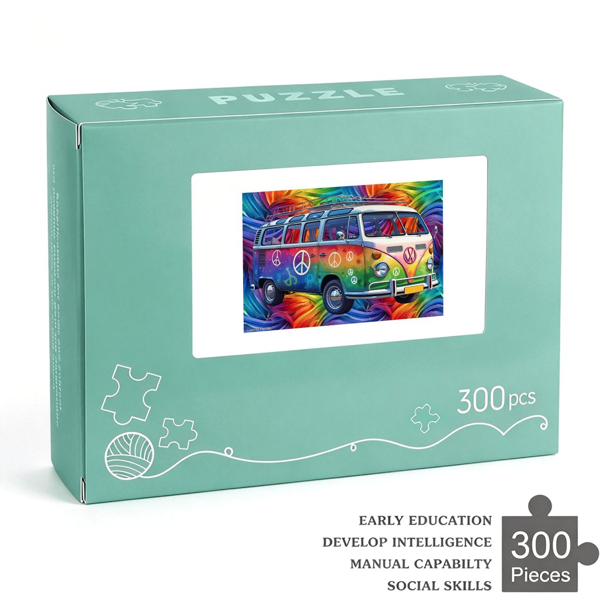 Hippie Tie Dye Bus 300pcs Horizontal Wooden Jigsaw Puzzles