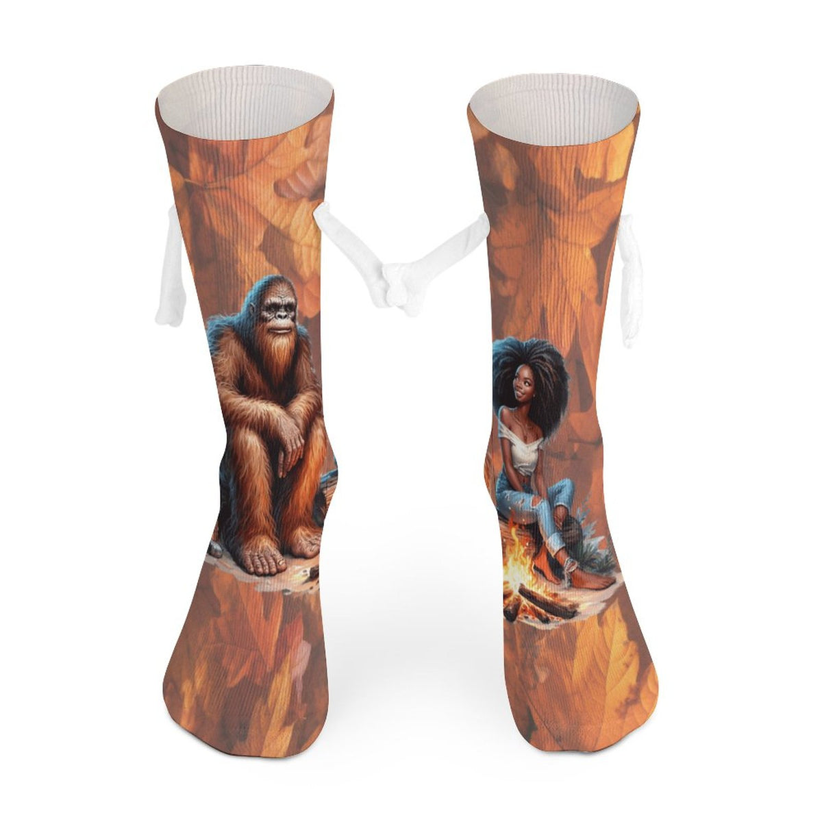 Camping Squatch and Friend Magnetic Holding Hands Funny Socks (All-Over Printing)